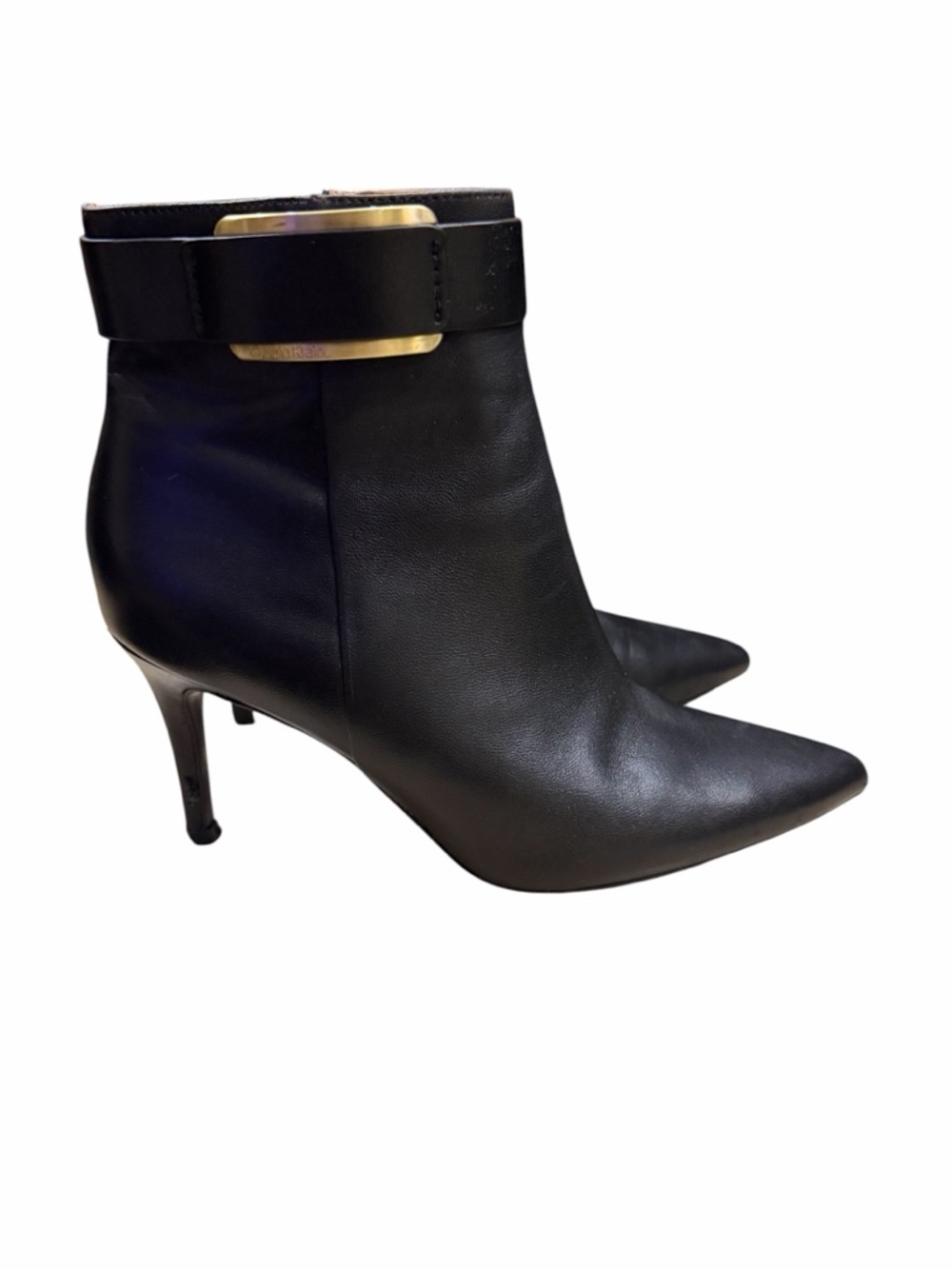 Calvin Klein Black Leather Pointed Ankle Boot with Gold Buckle